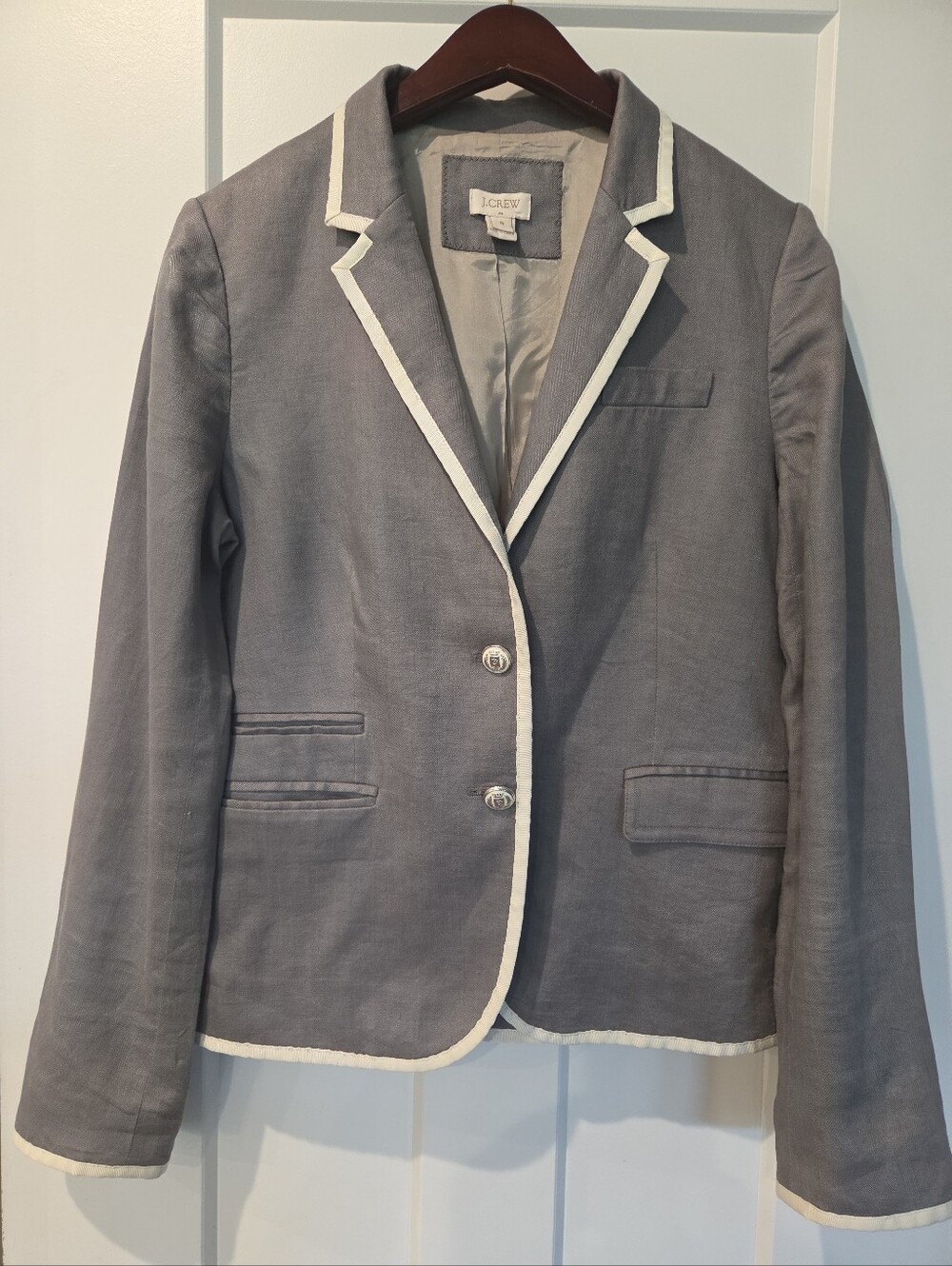 J Crew Womens  Sz 8 Gray Linen Blazer White Piping Schoolboy Preppy Jacket